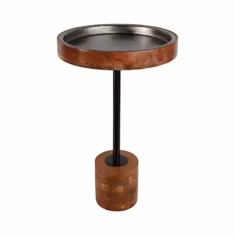 Tavolino d'appoggio Modern Accent con struttura in legno e piano in metallo - Design rotondo e contemporaneo che unisce calore e stile per l'arredamento della casa - Marrone