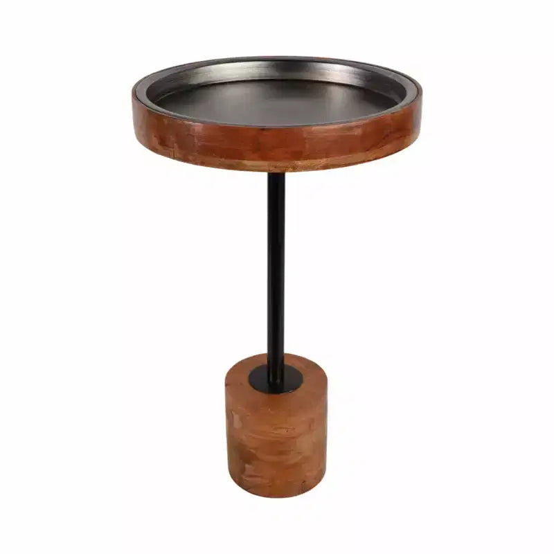 Tavolino d'appoggio Modern Accent con struttura in legno e piano in metallo - Design rotondo e contemporaneo che unisce calore e stile per l'arredamento della casa - Marrone