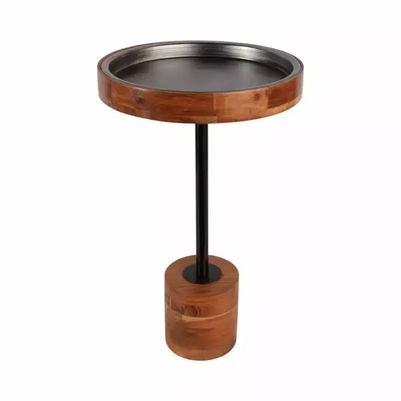 Tavolino d'appoggio Modern Accent con struttura in legno e piano in metallo - Design rotondo e contemporaneo che unisce calore e stile per l'arredamento della casa - Marrone