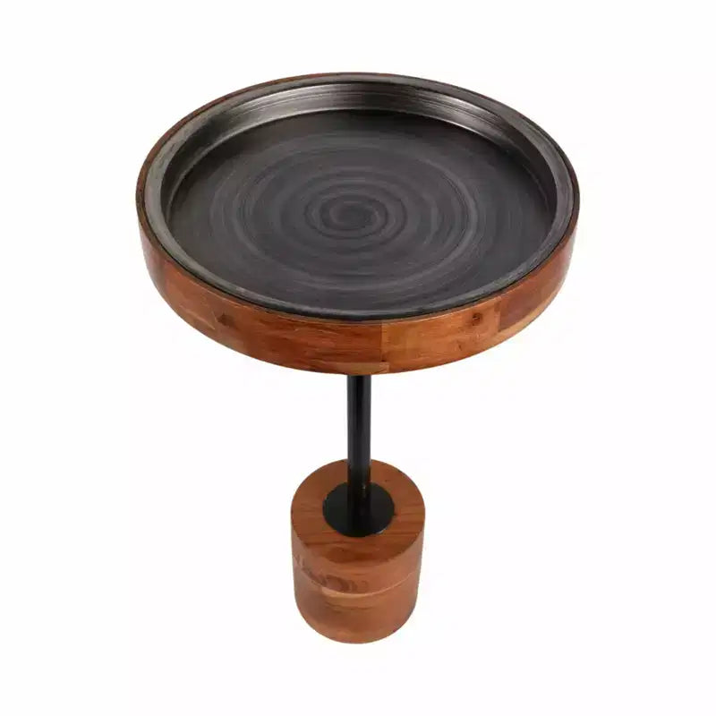 Tavolino d'appoggio Modern Accent con struttura in legno e piano in metallo - Design rotondo e contemporaneo che unisce calore e stile per l'arredamento della casa - Marrone