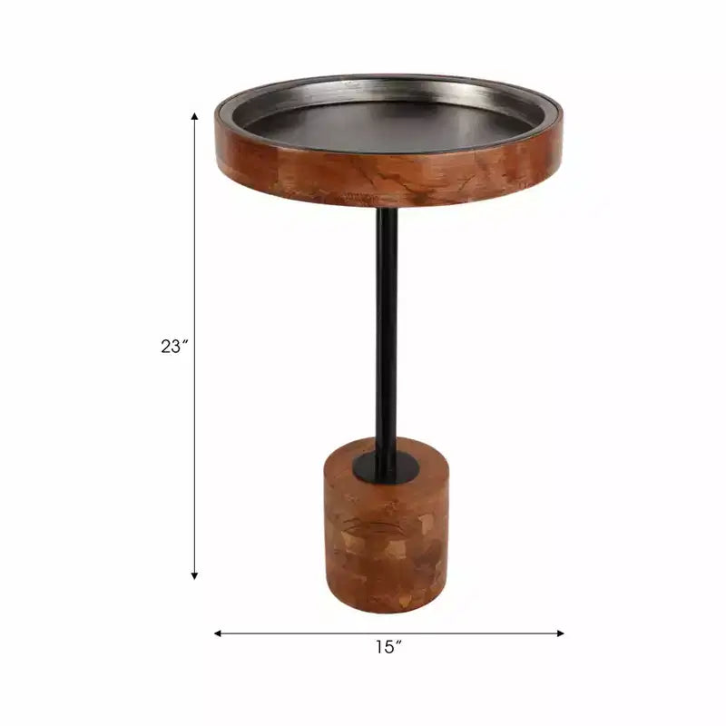 Tavolino d'appoggio Modern Accent con struttura in legno e piano in metallo - Design rotondo e contemporaneo che unisce calore e stile per l'arredamento della casa - Marrone