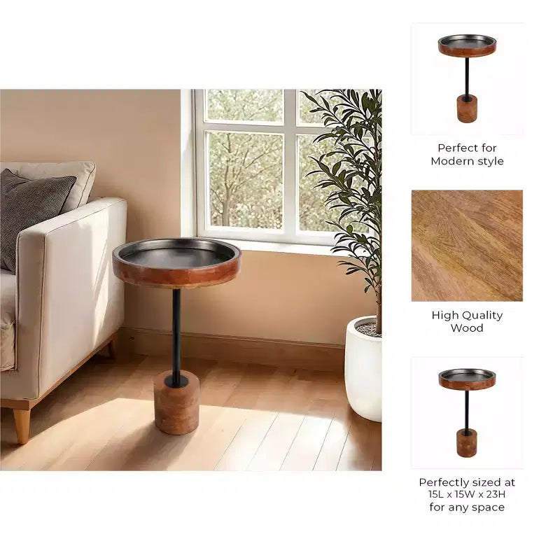 Tavolino d'appoggio Modern Accent con struttura in legno e piano in metallo - Design rotondo e contemporaneo che unisce calore e stile per l'arredamento della casa - Marrone