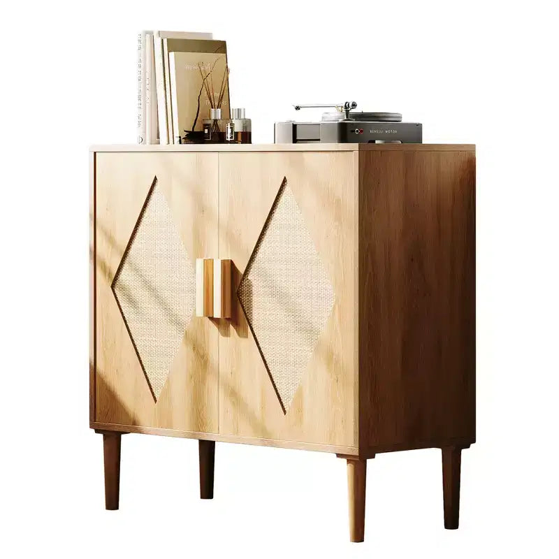 Mobiletto con Ripiani Contenitori, Armadietto con Ante in Rattan, Credenza Multifunzionale con Scaffali Interni Regolabili per Soggiorno, Ingresso, Naturale