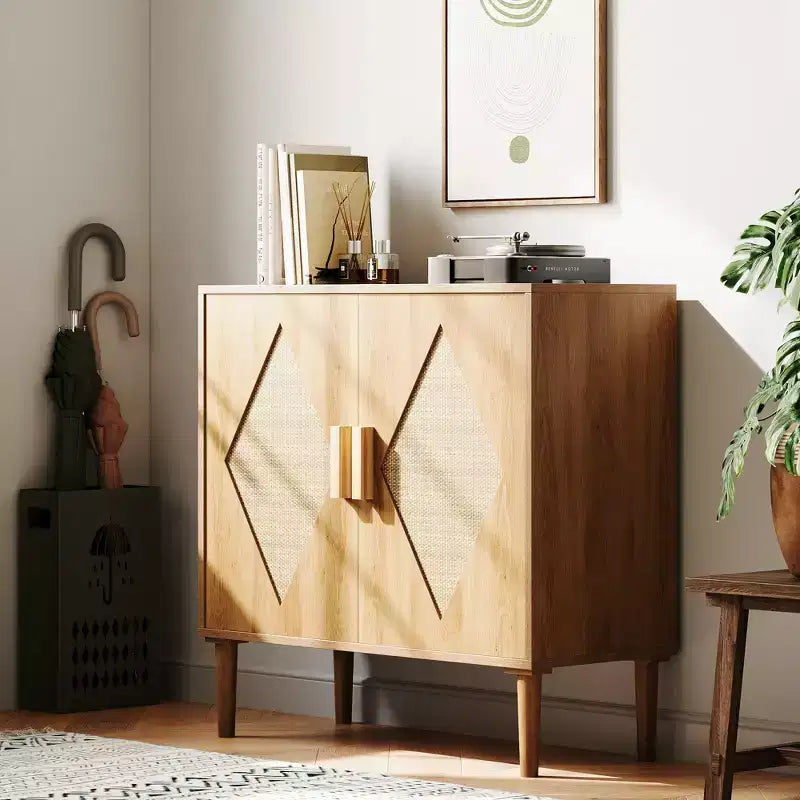 Mobiletto con Ripiani Contenitori, Armadietto con Ante in Rattan, Credenza Multifunzionale con Scaffali Interni Regolabili per Soggiorno, Ingresso, Naturale