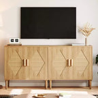 Mobiletto con Ripiani Contenitori, Armadietto con Ante in Rattan, Credenza Multifunzionale con Scaffali Interni Regolabili per Soggiorno, Ingresso, Naturale
