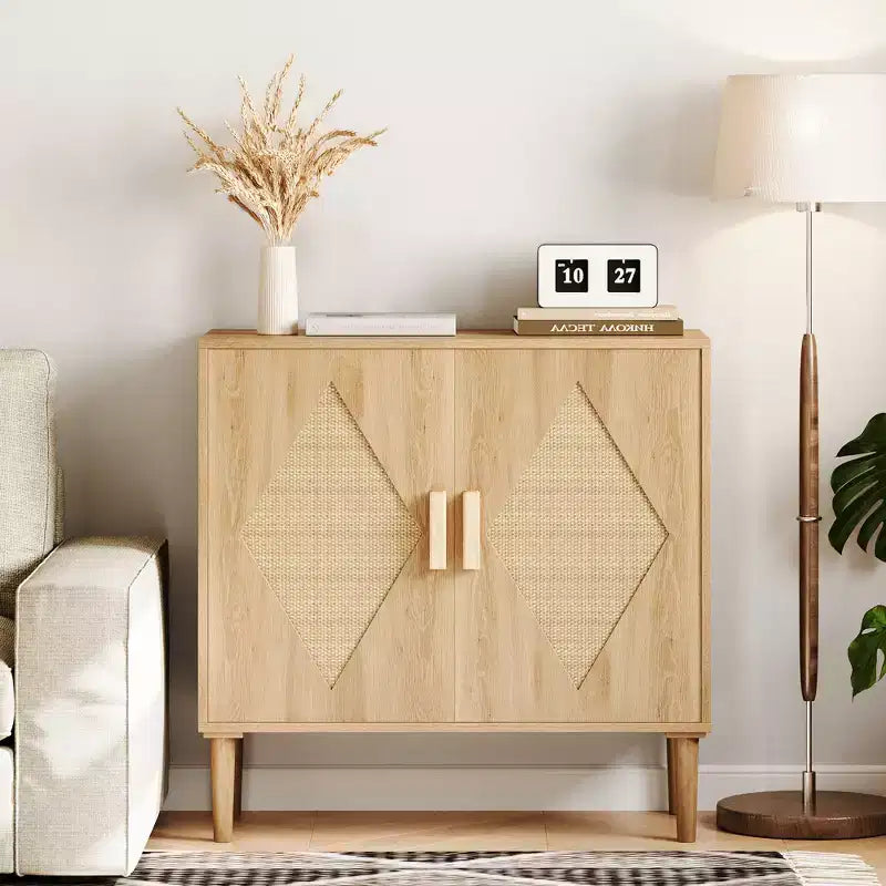 Mobiletto con Ripiani Contenitori, Armadietto con Ante in Rattan, Credenza Multifunzionale con Scaffali Interni Regolabili per Soggiorno, Ingresso, Naturale