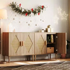 Mobiletto con Ripiani Contenitori, Armadietto con Ante in Rattan, Credenza Multifunzionale con Scaffali Interni Regolabili per Soggiorno, Ingresso, Naturale