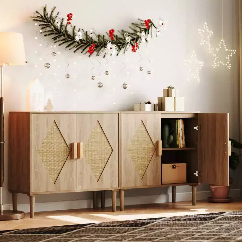 Mobiletto con Ripiani Contenitori, Armadietto con Ante in Rattan, Credenza Multifunzionale con Scaffali Interni Regolabili per Soggiorno, Ingresso, Naturale