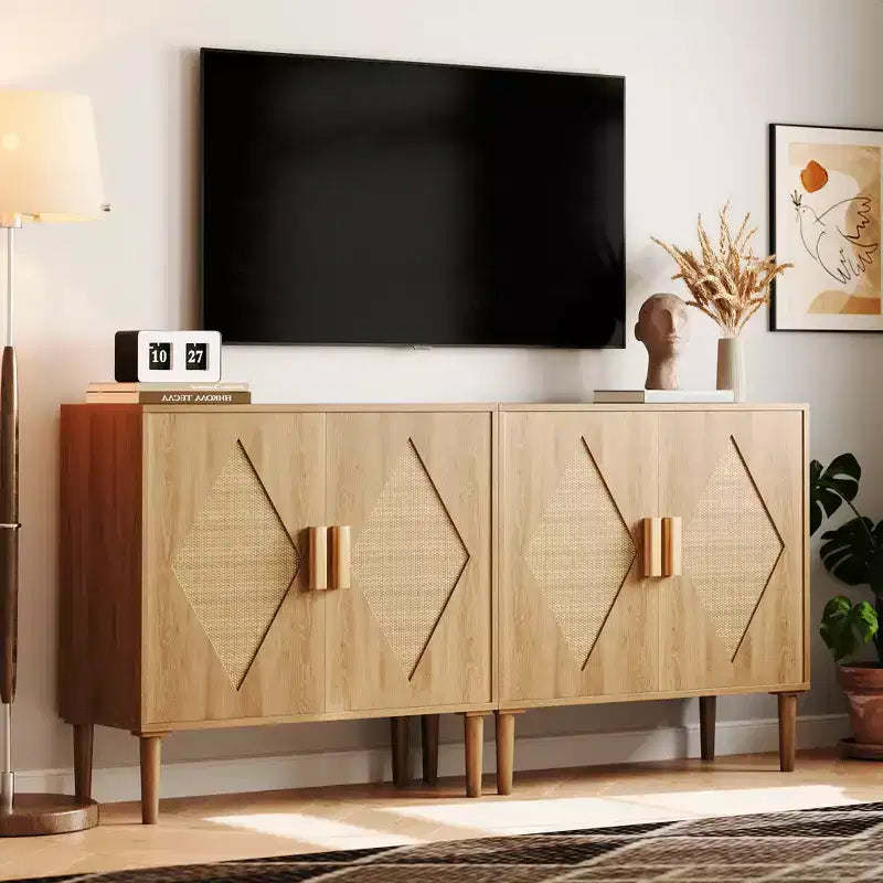 Mobiletto con Ripiani Contenitori, Armadietto con Ante in Rattan, Credenza Multifunzionale con Scaffali Interni Regolabili per Soggiorno, Ingresso, Naturale