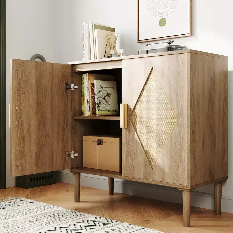 Mobiletto con Ripiani Contenitori, Armadietto con Ante in Rattan, Credenza Multifunzionale con Scaffali Interni Regolabili per Soggiorno, Ingresso, Naturale