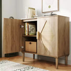 Mobiletto con Ripiani Contenitori, Armadietto con Ante in Rattan, Credenza Multifunzionale con Scaffali Interni Regolabili per Soggiorno, Ingresso, Naturale