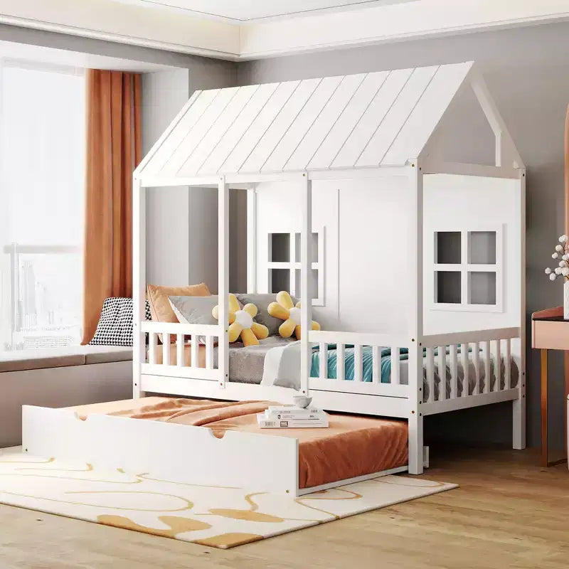 Twin/Full House Bed with Trundle, Wood Kids House Bed Frame with Roof and Windows, Playhouse Bed Frame for Boys & Girls, White