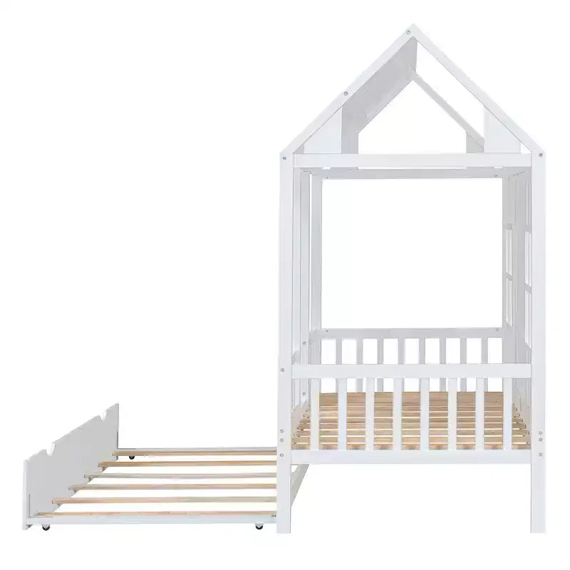 Letto a Casetta per Bambini Matrimoniale/Piazza e Mezza con Letto Estraibile, Struttura in Legno con Tetto e Finestre, Letto a Casetta per Bambini e Bambine, Bianco