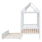 Letto a Casetta per Bambini Matrimoniale/Piazza e Mezza con Letto Estraibile, Struttura in Legno con Tetto e Finestre, Letto a Casetta per Bambini e Bambine, Bianco