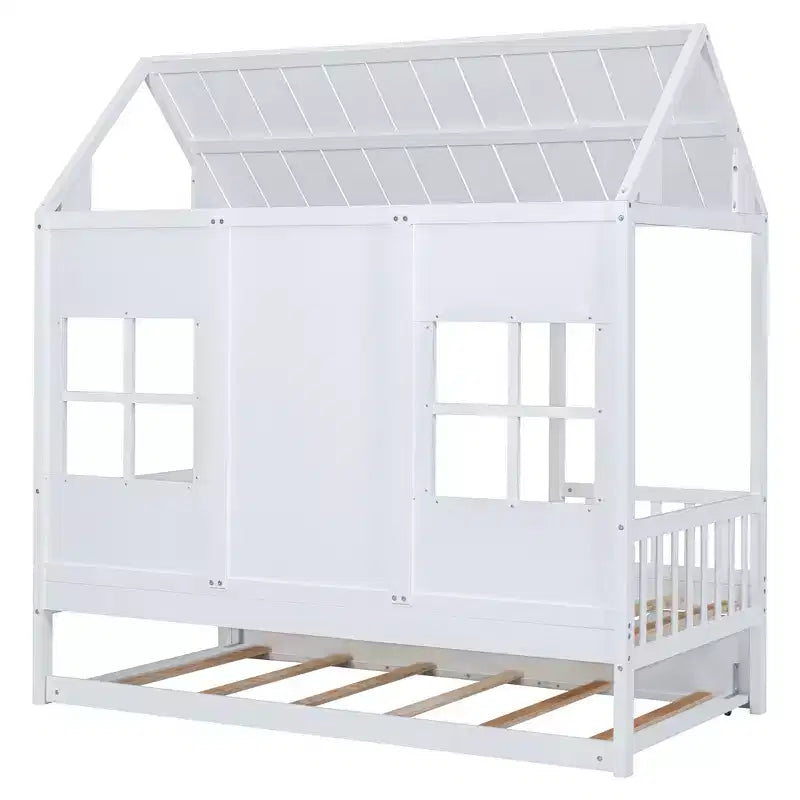 Letto a Casetta per Bambini Matrimoniale/Piazza e Mezza con Letto Estraibile, Struttura in Legno con Tetto e Finestre, Letto a Casetta per Bambini e Bambine, Bianco