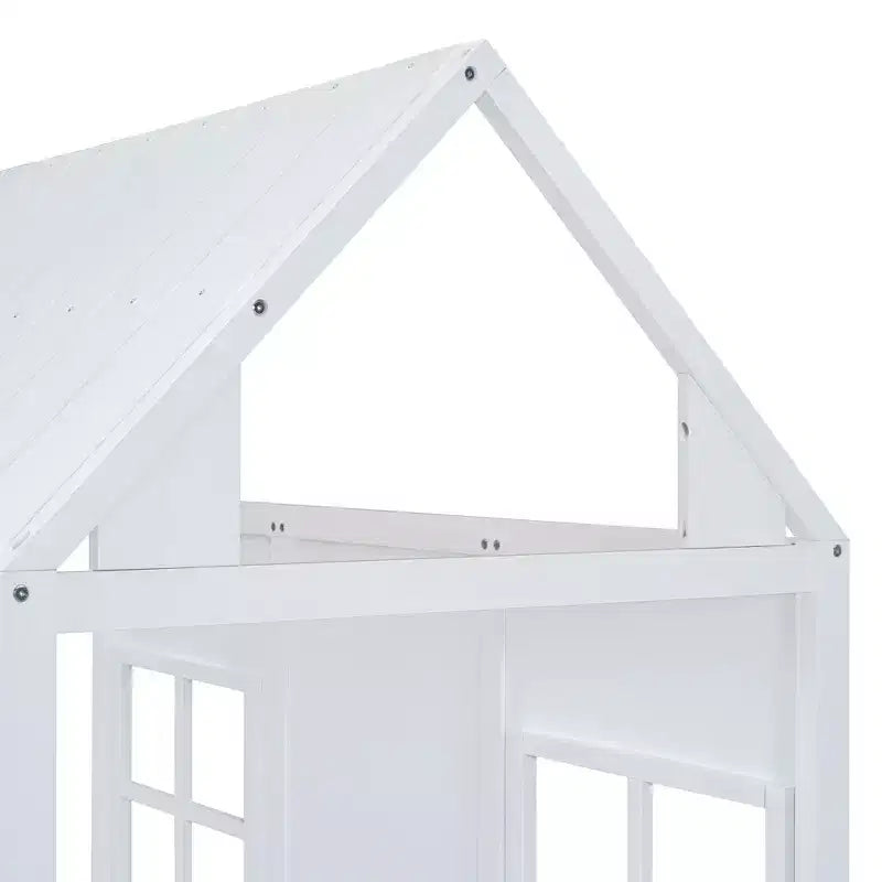 Letto a Casetta per Bambini Matrimoniale/Piazza e Mezza con Letto Estraibile, Struttura in Legno con Tetto e Finestre, Letto a Casetta per Bambini e Bambine, Bianco