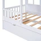 Letto a Casetta per Bambini Matrimoniale/Piazza e Mezza con Letto Estraibile, Struttura in Legno con Tetto e Finestre, Letto a Casetta per Bambini e Bambine, Bianco