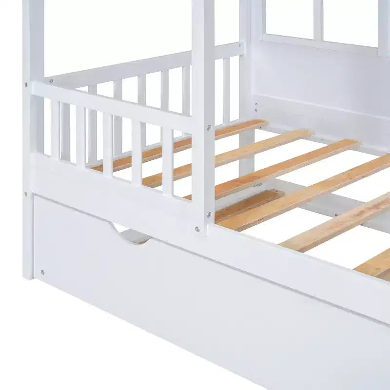 Letto a Casetta per Bambini Matrimoniale/Piazza e Mezza con Letto Estraibile, Struttura in Legno con Tetto e Finestre, Letto a Casetta per Bambini e Bambine, Bianco