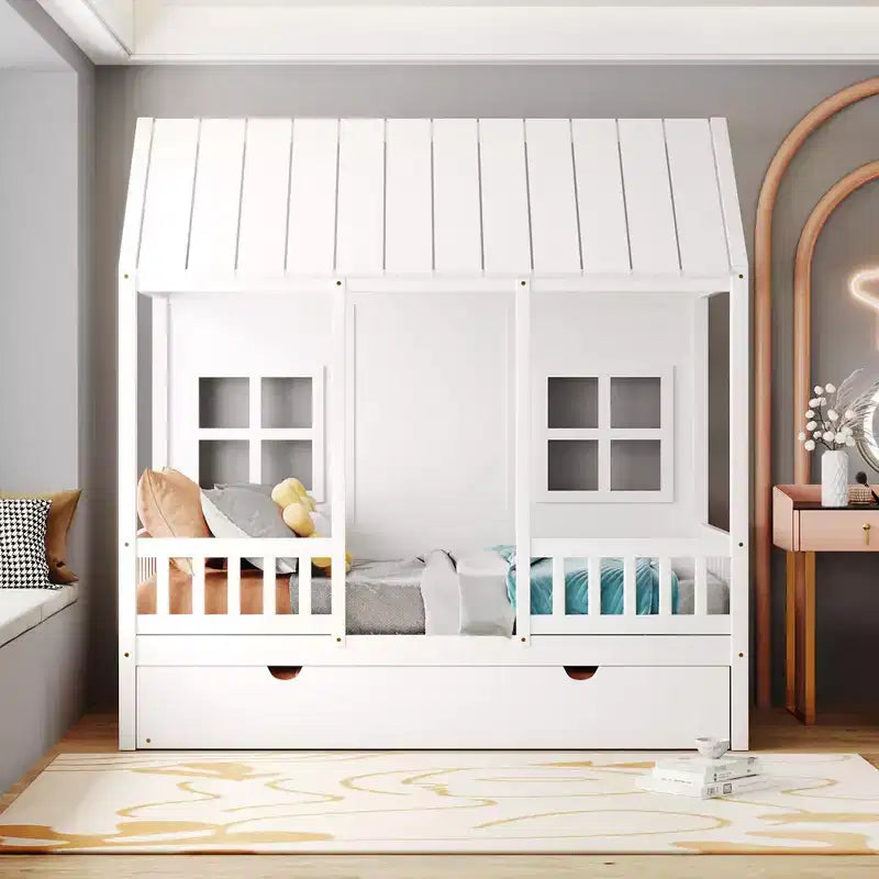 Letto a Casetta per Bambini Matrimoniale/Piazza e Mezza con Letto Estraibile, Struttura in Legno con Tetto e Finestre, Letto a Casetta per Bambini e Bambine, Bianco