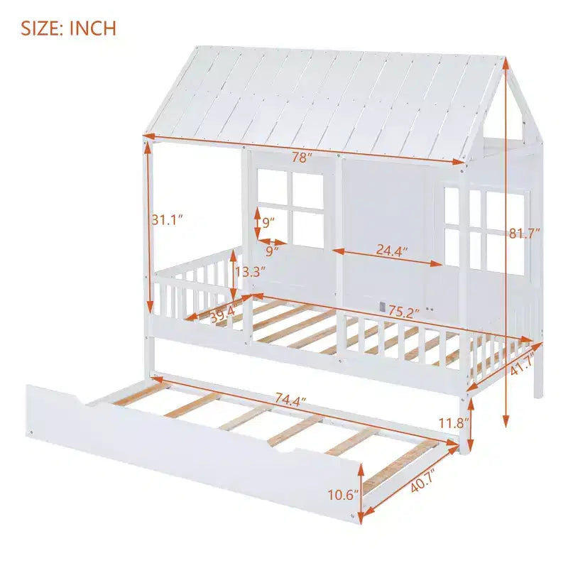 Letto a Casetta per Bambini Matrimoniale/Piazza e Mezza con Letto Estraibile, Struttura in Legno con Tetto e Finestre, Letto a Casetta per Bambini e Bambine, Bianco