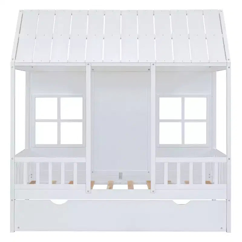 Letto a Casetta per Bambini Matrimoniale/Piazza e Mezza con Letto Estraibile, Struttura in Legno con Tetto e Finestre, Letto a Casetta per Bambini e Bambine, Bianco