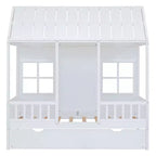 Letto a Casetta per Bambini Matrimoniale/Piazza e Mezza con Letto Estraibile, Struttura in Legno con Tetto e Finestre, Letto a Casetta per Bambini e Bambine, Bianco