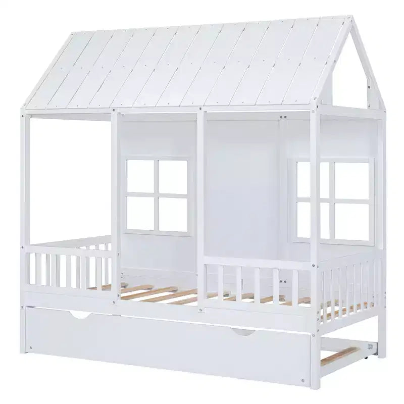 Letto a Casetta per Bambini Matrimoniale/Piazza e Mezza con Letto Estraibile, Struttura in Legno con Tetto e Finestre, Letto a Casetta per Bambini e Bambine, Bianco