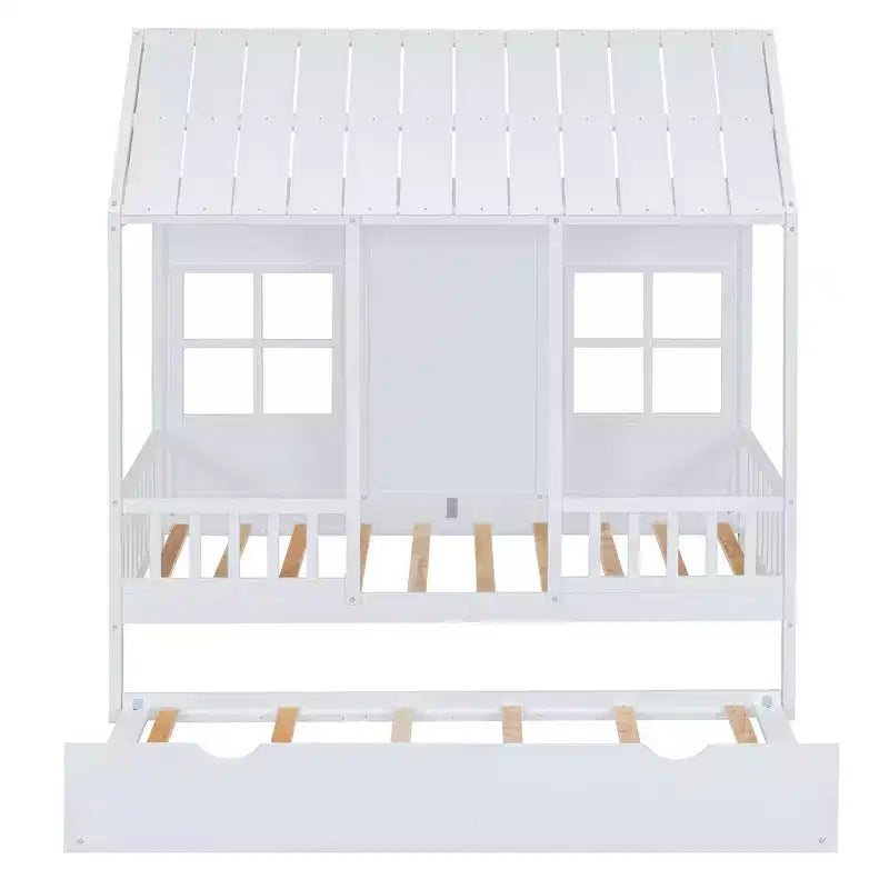 Letto a Casetta per Bambini Matrimoniale/Piazza e Mezza con Letto Estraibile, Struttura in Legno con Tetto e Finestre, Letto a Casetta per Bambini e Bambine, Bianco