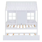 Letto a Casetta per Bambini Matrimoniale/Piazza e Mezza con Letto Estraibile, Struttura in Legno con Tetto e Finestre, Letto a Casetta per Bambini e Bambine, Bianco