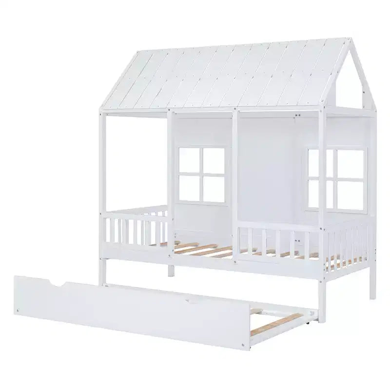 Letto a Casetta per Bambini Matrimoniale/Piazza e Mezza con Letto Estraibile, Struttura in Legno con Tetto e Finestre, Letto a Casetta per Bambini e Bambine, Bianco