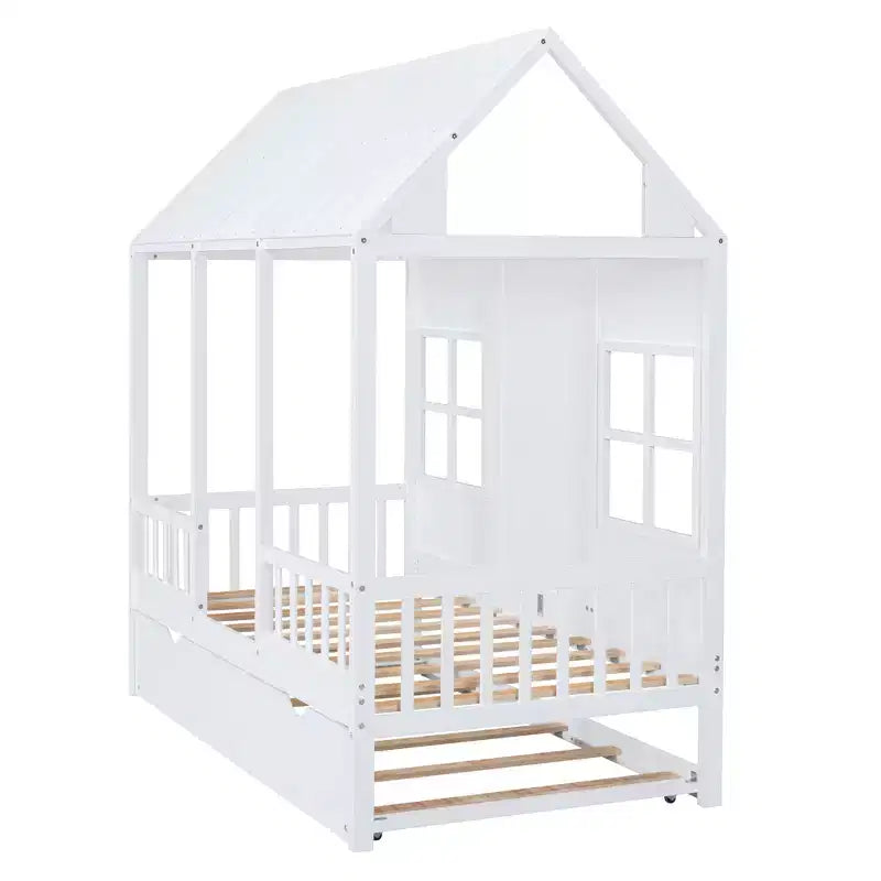 Letto a Casetta per Bambini Matrimoniale/Piazza e Mezza con Letto Estraibile, Struttura in Legno con Tetto e Finestre, Letto a Casetta per Bambini e Bambine, Bianco