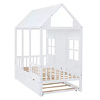 Letto a Casetta per Bambini Matrimoniale/Piazza e Mezza con Letto Estraibile, Struttura in Legno con Tetto e Finestre, Letto a Casetta per Bambini e Bambine, Bianco
