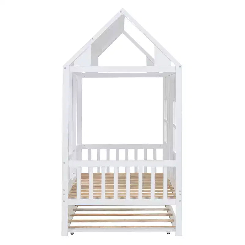 Letto a Casetta per Bambini Matrimoniale/Piazza e Mezza con Letto Estraibile, Struttura in Legno con Tetto e Finestre, Letto a Casetta per Bambini e Bambine, Bianco