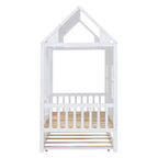 Letto a Casetta per Bambini Matrimoniale/Piazza e Mezza con Letto Estraibile, Struttura in Legno con Tetto e Finestre, Letto a Casetta per Bambini e Bambine, Bianco