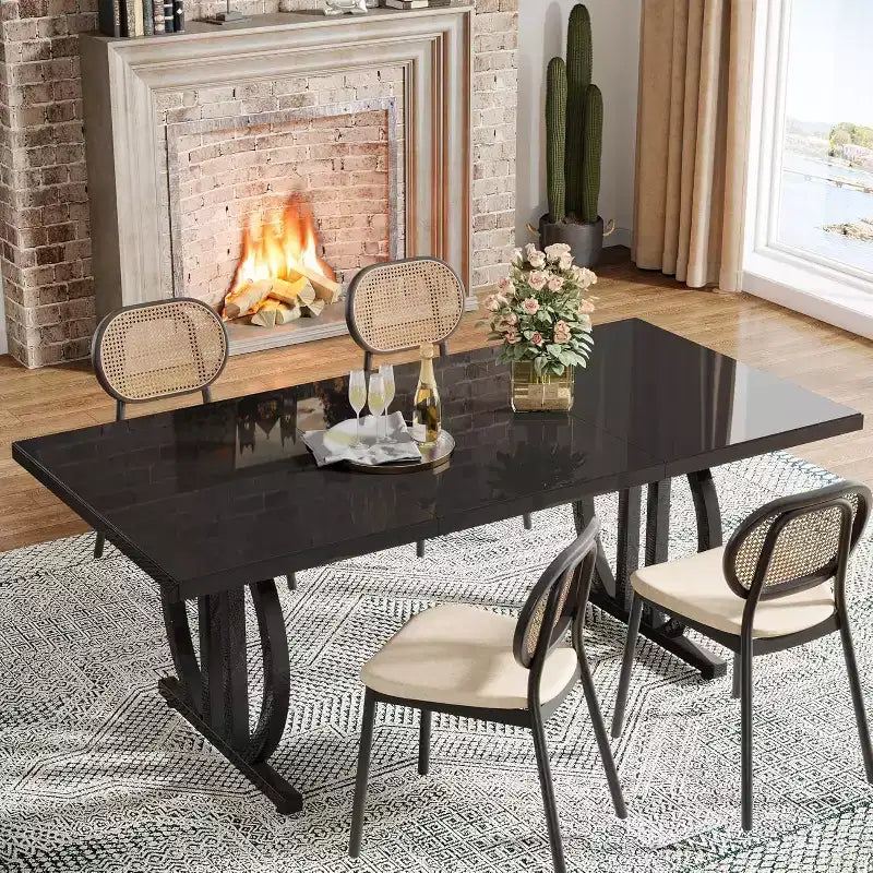 Tavolo da pranzo rettangolare da 160 cm per 6 persone | Piano in MDF nero e struttura in metallo