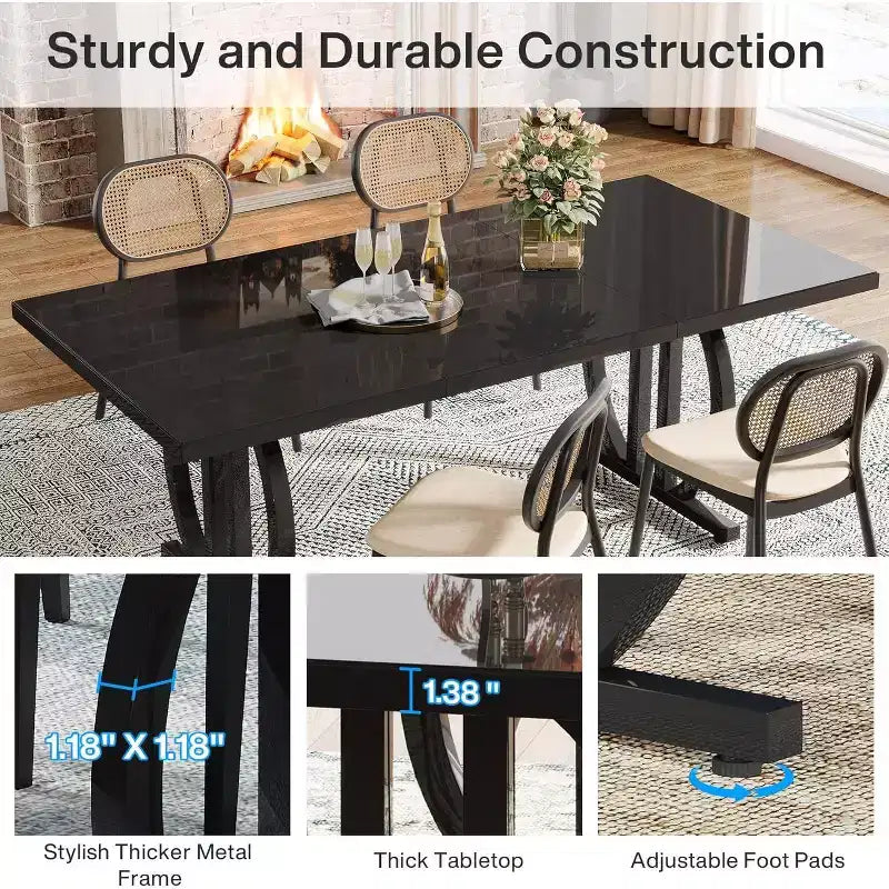 Tavolo da pranzo rettangolare da 160 cm per 6 persone | Piano in MDF nero e struttura in metallo