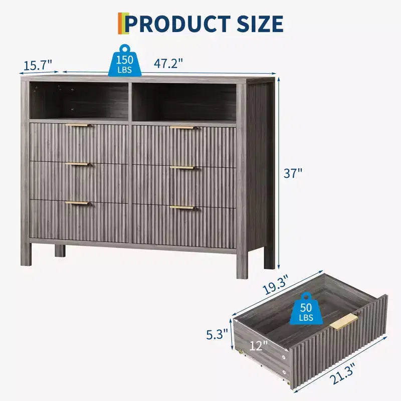 Cassettiera con scanalature, Motivo ondulato, Sei cassetti, Due spazi vuoti, Materiale in MDF resistente,