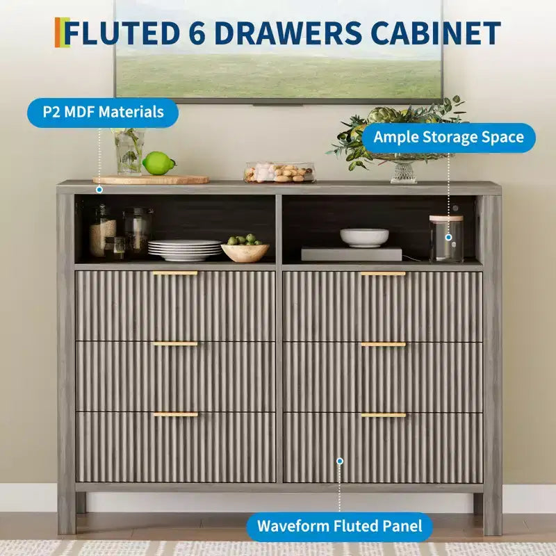 Cassettiera con scanalature, Motivo ondulato, Sei cassetti, Due spazi vuoti, Materiale in MDF resistente,