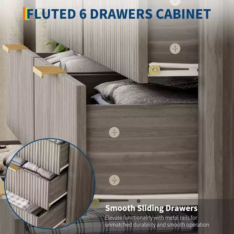 Cassettiera con scanalature, Motivo ondulato, Sei cassetti, Due spazi vuoti, Materiale in MDF resistente,