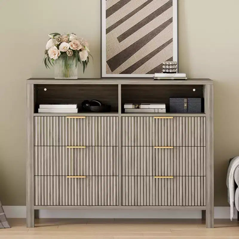 Cassettiera con scanalature, Motivo ondulato, Sei cassetti, Due spazi vuoti, Materiale in MDF resistente,