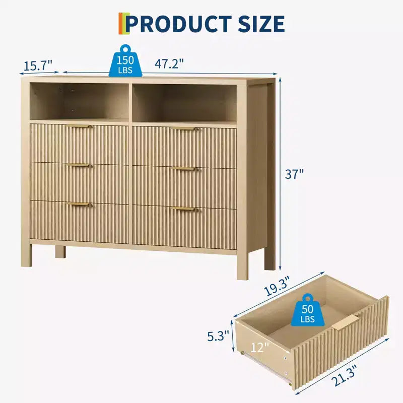 Cassettiera con scanalature, Motivo ondulato, Sei cassetti, Due spazi vuoti, Materiale in MDF resistente,