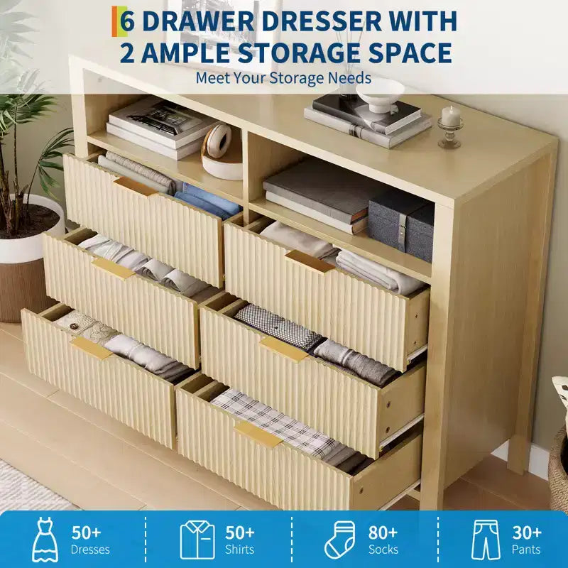 Cassettiera con scanalature, Motivo ondulato, Sei cassetti, Due spazi vuoti, Materiale in MDF resistente,