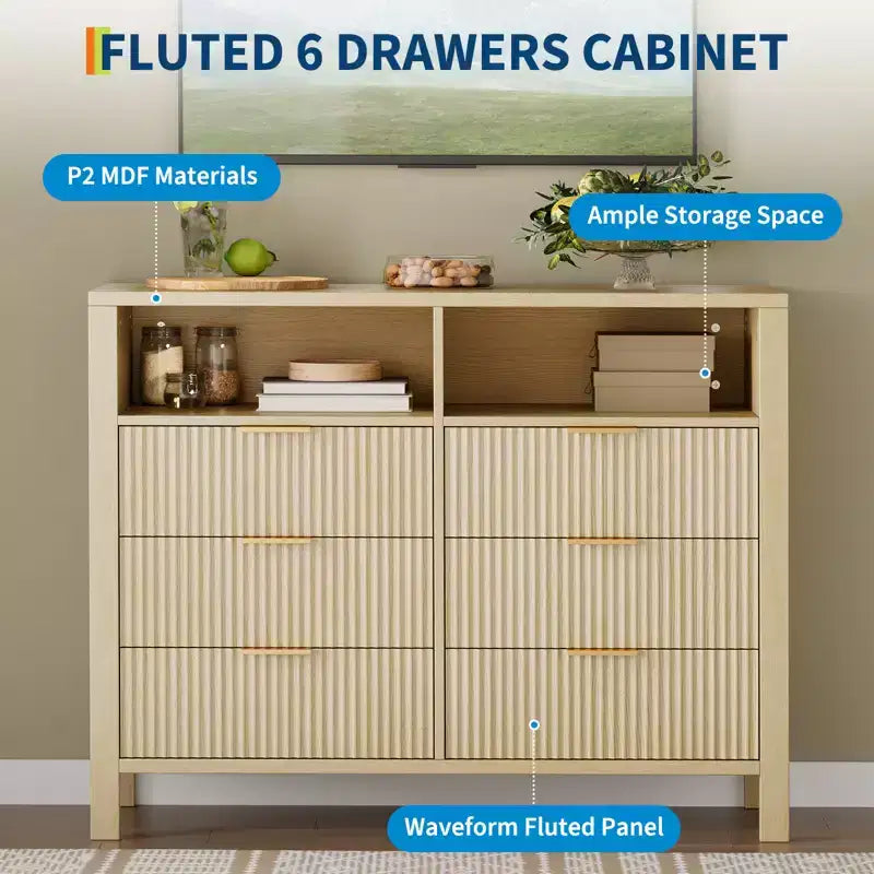 Cassettiera con scanalature, Motivo ondulato, Sei cassetti, Due spazi vuoti, Materiale in MDF resistente,