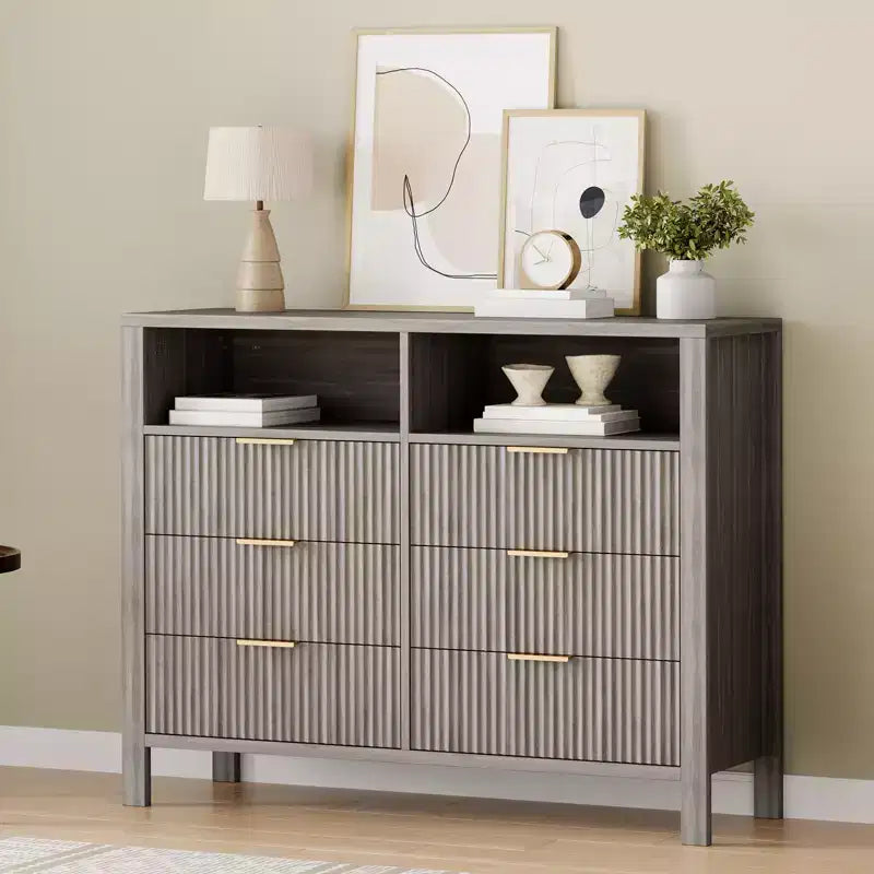 Cassettiera con scanalature, Motivo ondulato, Sei cassetti, Due spazi vuoti, Materiale in MDF resistente,