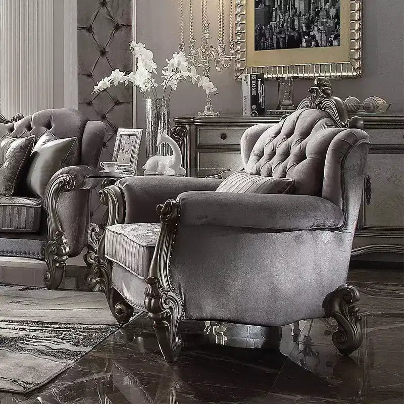 Versailles Club Chair with 1 Pillow Velvet/Antique Platinum Finish - Acme Furniture