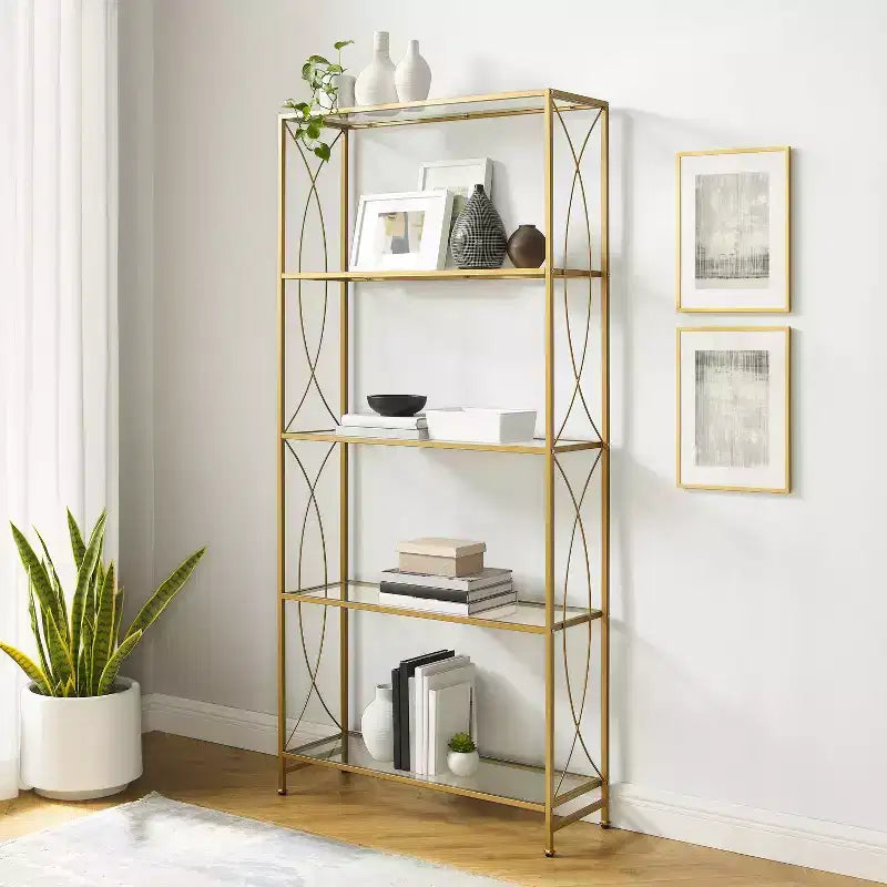 Libreria Etagere da 193 cm in acciaio color oro con 4 ripiani in vetro temperato trasparente