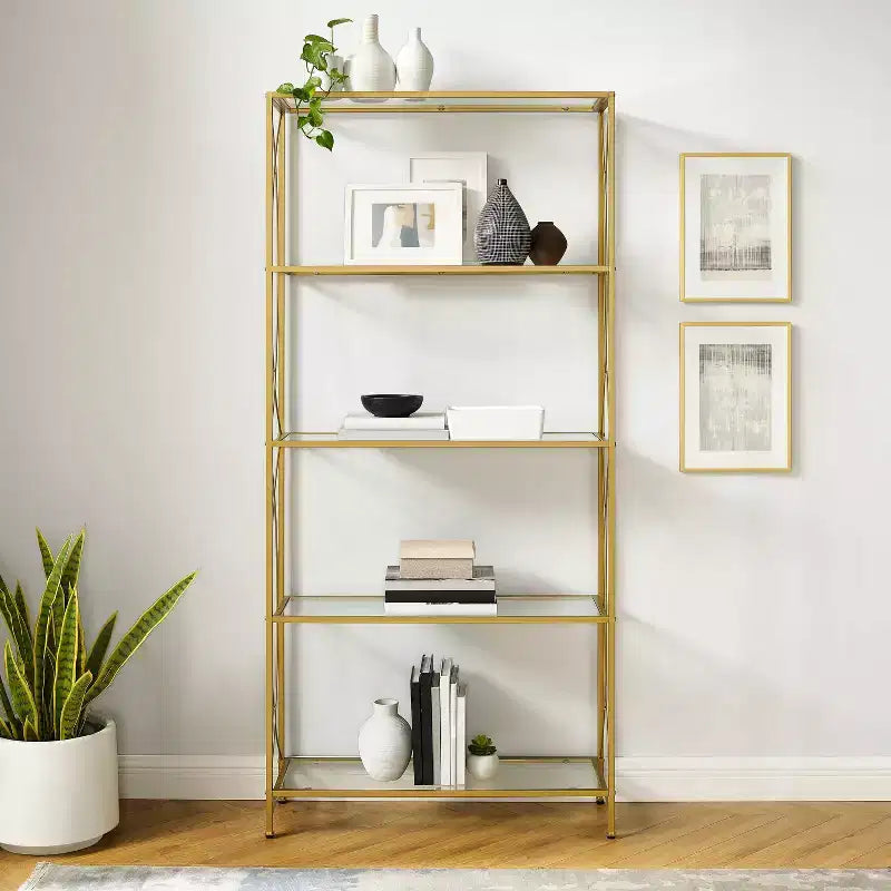 Libreria Etagere da 193 cm in acciaio color oro con 4 ripiani in vetro temperato trasparente