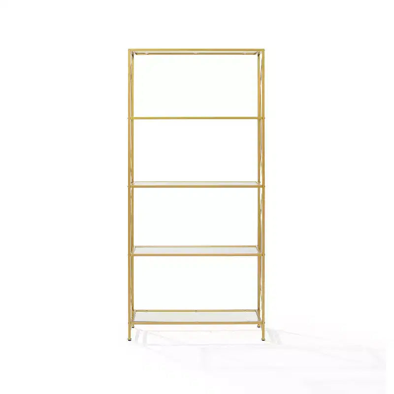 Libreria Etagere da 193 cm in acciaio color oro con 4 ripiani in vetro temperato trasparente