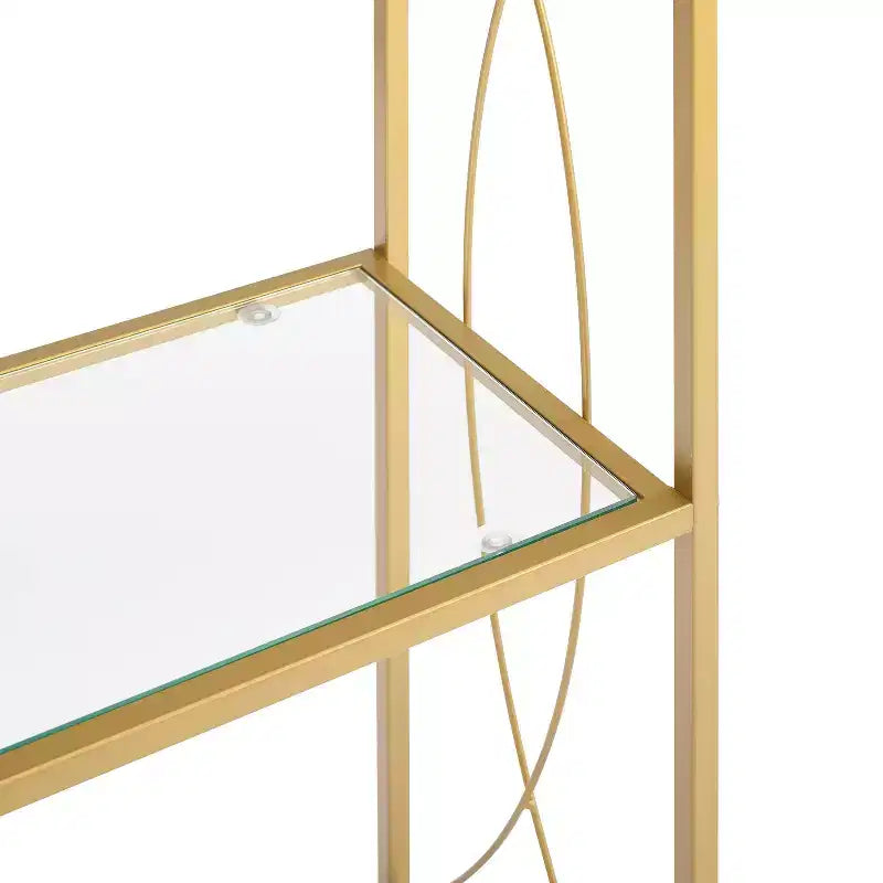 Libreria Etagere da 193 cm in acciaio color oro con 4 ripiani in vetro temperato trasparente