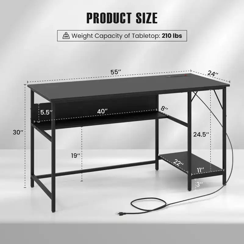 Scrivania per computer da 55" con stazione di ricarica | 4 prese e 2 porte USB | Mensola sotto la scrivania